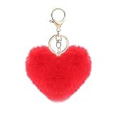 NICIFOAM Artificial Faux Rabbit Fur Keychain Fluffy Heart Plush Ball Pom Charm Key Chain Cute Car Key Decor Purse Handbag for Women Red