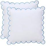 BEBE BASK Scalloped Pillow Cover - Set of 2-18 x 18 Inch - Scallop Pillow Cover – White and Blue Scalloped Pillows - Scallop Pillows - 100% Cotton - Grandmillennial Style (White/Blue)