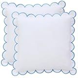 BEBE BASK Scalloped Pillow Cover - Set of 2-18 x 18 Inch - Scallop Pillow Cover – White and Blue Scalloped Pillows - Scallop Pillows - 100% Cotton - Grandmillennial Style (White/Blue)