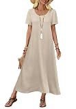 OFEEFAN Linen Dress Women Maxi Summer Casual Flowy Dresses Travel Long Dresses Italian Short Sleeve Sundress Beach Vacation Cruise Beige L