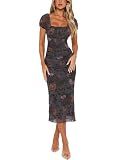 Relipop Floral Mesh Midi Dresses for Women 2026 Summer Square Neck Stretchy Ruched Bodycon Wedding Guest Cocktail Party Dress Dark Purple Floral Small