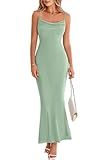 PRETTYGARDEN Solid Color Spaghetti Strap Summer Dresses for Women 2026 Trendy Stretch Bodycon Maxi Wedding Guest Dress (Sage Green, Medium)