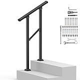 Outdoor Handrails for 1-2 Steps, Stair Railing Kit for Concrete & Porch Steps, Adjustable Black Iron Hand Rail for Seniors, Easy Installation, Retro Arch Design