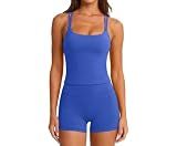 SUUKSESS Women 2 Piece Workout Sets Padded Low Impact Yoga Tops High Waisted Biker Shorts with Pockets(Blue S)
