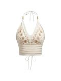 SHENHE Women's Crochet Top Boho Halter Crop Tops Tie Backless Embroidered Hippie Top Apricot Medium