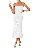 ZESICA Summer Strapless Floral Wedding Guest Dress for Women White S