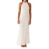 ABYOVRT Women Backless Dress Sleeveless Textured Halter Open Back Maxi Dresses Vacation Wedding Guest (White,S)