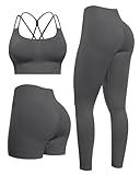 NORMOV Butt lifting Workout Sets for Women – Gym Activewear with Seamless Leggings,Shorts,and Padded Criss-Cross Sports Bras(Dark Gray,M)