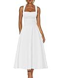 Kaximil Women's Square Neck Corset A Line Maxi Dress Ruffle Ruched Waist Flowy Long Dresses, Small, White