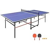 Professional Indoor Table Tennis Table, Foldable Ping Pong Game Set, 8FT 9FT Single Player Playback Mode Ping Pong Table with Net and Post Set, 2 Paddles and 3 Balls (Blue-8x4FT)
