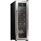 Nutrichef 12 Bottle Stainless Steel Slim Wine Fridge | Red & White Wine Chiller | Adjustable Temperature Control, Ultra Quiet Operation & Energy Efficient | Mini Wine Cooler Refrigerator | 31x10x17 IN
