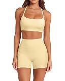 SUUKSESS Women 2 Piece Workout Sets Padded Halter Sports Bras High Waisted Biker Shorts with Pockets Built in Bra Athletic Tops (Yellow, S)