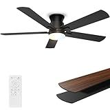 Ceiling Fans with Lights 52 Inch, Flush Mount, Remote Control, 3CCT Dimmable, 6 Speeds, Quiet Reversible DC Motor, Low Profile Hugger Black Ceiling Fan for Bedroom, Living Room, Indoor/Outdoor, ETL