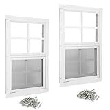 Shed Windows 2 Pack 12" W x 18" H Flush Mount White Window with Tempered Glass and Fiberglass Screen,Sliding Windows with Vertical Slider and Screws for Sheds,Chicken Coop, Playhouse Garbage Room