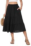 AYIFU Women's Summer Midi Skirt Tiered Flowy High Waist A-Line Elastic Ruffle Casual Skirts with Pockets (Black, M)