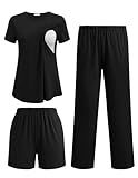 Ekouaer 3 Piece Maternity Pajamas Set Postpartum Nursing Short Sleeve Breastfeeding Sleepwear Pregnancy Shorts & Pants Pjs Black M