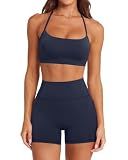 SUUKSESS Women 2 Piece Workout Sets Padded Halter Sports Bras High Waisted Biker Shorts with Pockets Built in Bra Athletic Tops (Navy Blue, M)
