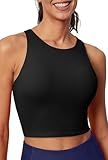 Ewedoos Tank Tops with Built in Bras Longline Sports Bras for Women High Neck Racerback Sports Bra Padded Workout Crop Black