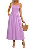 OFEEFAN Maxi Dress Spaghetti Strap Midi Dresses Summer Sundresses for Women Smocked Spring Vacation Outfits Lavender M