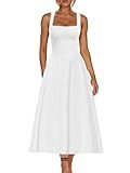 Kaximil Women's Square Neck Sleeveless A Line Maxi Dress Smocked Ruffle Flowy Casual Long Dresses, Medium, White