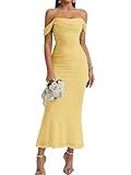 KUTUMAI Off The Shoulder Maxi Long Dress Corset Ruched Bodycon Cocktail Formal Wedding Guest Dresses for Women Yellow M