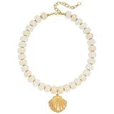FAUTHENTICUTE Boho White Beaded Necklace For Women White Resin Bead Strand With A Gold Shell Pendant Trendy Beach Seashell Statement Necklace Elegant Summer Jewelry Gift