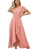 Formal Dresses for Women,Gowns Evening Party Cocktail Dress,Long Split Elegant V Neck Wrap Ruffle Wedding Guest A-line Dresses Sakura Pink-XL