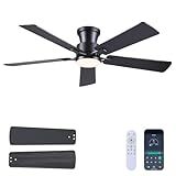JSAITEE 52Inch Ceiling Fan with Lights and Remotes, Modern Low Profile Flush Mount Ceiling Fans,DC Reversible Motor, 3CCT Dimmable,Noiseless,Dual Finish, Black 6 Speeds Ceiling Fan for Indoor/Outdoor