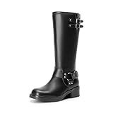 DREAM PAIRS Women's Knee High Boots Side Zipper Motorcycle Boots Square Toe Chunky Low Heel Fashion Buckles Biker Riding Boots,Size 8,Black-Pu,SDKB2412W