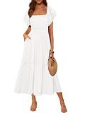 MASCOMODA Womens Summer Casual Midi Dress Square Neck Ruffle Short Sleeve Smocked High Waist A Line Wedding Guest Dresses(White,Small)