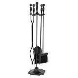 Modern Ember Cascade 5 Piece Fireplace Tool Set in Black | Includes Brush, Shovel, Fire Poker, Tongs, and Stand | Heavy Guage, Coated Steel | Heat-Resistant Plating | Sleek Rounded Handles