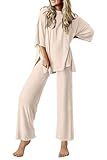 Ekouaer Lounge Sets for Women Short Sleeve Tops and Long Pants Soft Comfy Pajamas Set 2 Piece Outfits,Beige,M