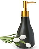 280ml Black Ceramic Liquid Soap Dispenser for Bathroom & Kitchen with Gold Pump,Refillable Countertop Hand Sanitizer Bottle,Chic Home Deco(Cone Black Bottle)