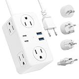 Kakyanill European Travel Plug Adapter, EU/UK/US Travel Plug Adapter Power Strip, 6 AC Outlets, 4 USB Ports (2 USB C), 3ft Wrapped Around Extension Cord, Universal Travel Adapter