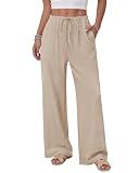 ZOOSIXX Linen Pants Women - Wide Leg Lounge Palazzo Flowy Gaucho Lightweight Summer Drawstring Casual Trousers with Pockets Old Money Clothes Travel Resort Wear 2026 Date Night Outfit