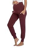 AMPOSH Women's Maternity Pants Stretchy Lounge Workout Sweatpants Casual Loose Comfy Pregnancy Joggers with Pockets(Heather Burgundy, L)