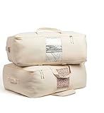 Soft Canvas Storage Bags with Zipper. Thick Breathable, 2pc King/Queen Comforter Organizer. Four Carrying Handles and Window. Large 25x19x9in Bag for Sheets Blankets Bedding Pillows, Clothes