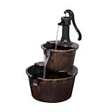 Alpine Corporation - Outdoor Rustic 2-Tiered Barrel and Pump Water Fountain – Bronze Finish, Relaxing Water Flow, Ideal for Garden, Patio, & Yard Décor, 27"H