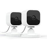 Blink Mini - Compact indoor plug-in smart security camera, 1080p HD video, night vision, motion detection, two-way audio, easy set up, Works with Alexa – 2 cameras (White)