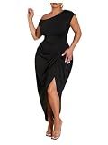 Floerns Women's Plus Size Asymmetrical Neck Long Dress Ruched Slit Hem Cocktail Dress Black XX-Large Plus