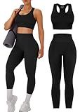 OLCHEE Womens Workout Sets 2 Piece - Acid Wash Seamless Yoga Outfits High Waist Leggings Padded Racerback Sports Bra Gym Set - Solid Black Large
