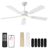 CubiCubi Ceiling Fans with Lights - 52 inch White Ceiling Fan with Light and Remote/APP, Dimmable, Super Quiet, Modern Ceiling Fan for Indoor Bedroom, Living Room, Kitchen