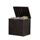 Keter City 30 Gallon Resin Outdoor Storage Box and Patio Furniture Side Table for Pool and Garden Accessories, Brown