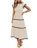 ZESICA Women's Summer Flutter Short Sleeve Smocked Midi Dress Casual High Waist Rickrack Tiered Flowy Dresses,Apricot,Medium