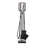 Modern Ember Levi 5 Piece Fireplace Tool Set in Black with Walnut Wood Handles | Includes Brush, Shovel, Fire Poker, Tongs, and Stand | Heavy-Duty Steel | Heat-Resistant Powder Coating