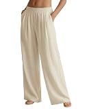 JEKAOYI Womens Casual Linen Pants Wide Leg Palazzo Flowy Summer Pants 2026 Beach Vacation Travel Trousers with Pockets Khaki