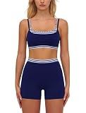 ABOCIW Double Layer Workout Sets for Women Stripe Sports Bra Matching High Waist Biker Shorts Two Piece Gym Sets Womens Yoga Pilates Outfits Activewear Athletic Clothes Navy Stripe Small
