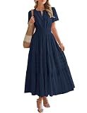 BTFBM Womens Summer 2026 Casual Midi Maxi Dresses Lightweight Short Sleeve V Neck Elastic Waist Boho Beach Dress Pockets(Navy, X-Large)