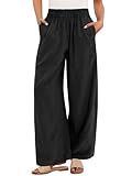 ANRABESS Women's Wide Leg Linen Pants Summer Boho Casual Elastic Waist Long Lounge Travel Pants Trousers with Pockets Black Medium