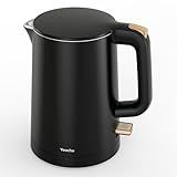 Small Electric Kettle, 0.8L Water Boiler & Heater, 1000W Hot Tea Pot, Double Wall Stainless Steel Cool Touch, Mini Coffee Kettle with Auto Shut Off & Boil Dry Protection, BPA-Free, Black Gold